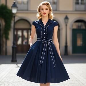 Yellow Star Pin-up dress Navy with white trim size Junior XL